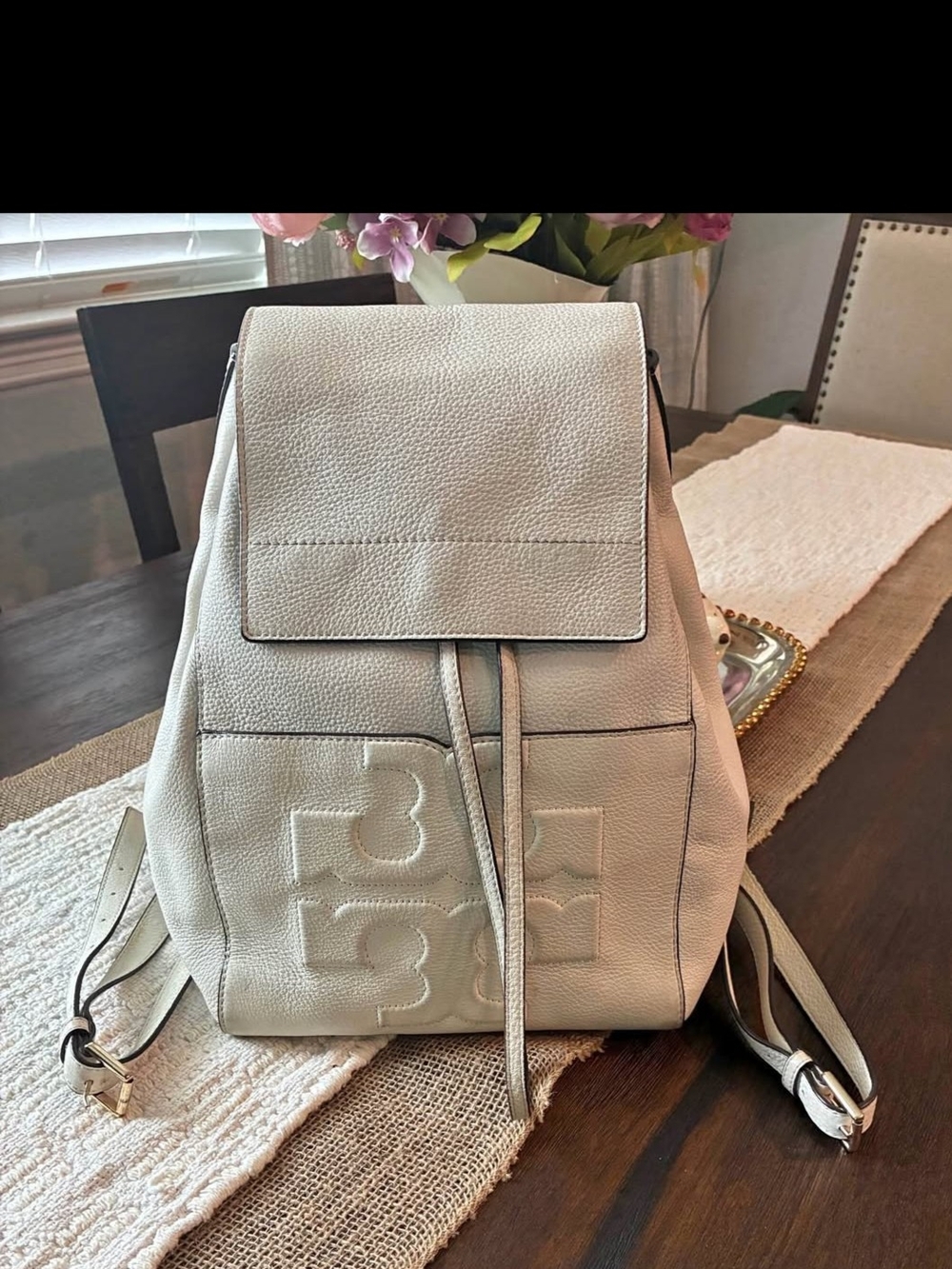 Tory Burch Embossed Logo Leather Backpack in Cream